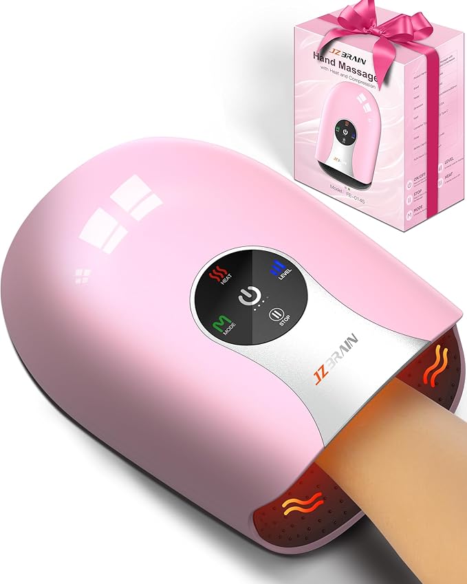 Hand Massager with Heat and Compression : Cordless Heated Hand and Wrist Massager for Palm, Fingers, and Comfort Relief – 4 Modes 6 Intensities, Portable Rechargeable, Wife Husband (Pink)