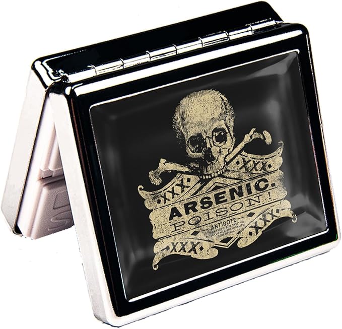 7 Days Chromed Shiny Silver Pill Organizer with Mirror Inside Has 8 Separate Compartments Rectangle 7 Days Pill Box Pill Case (Vintage Arsenic Skull Poison)