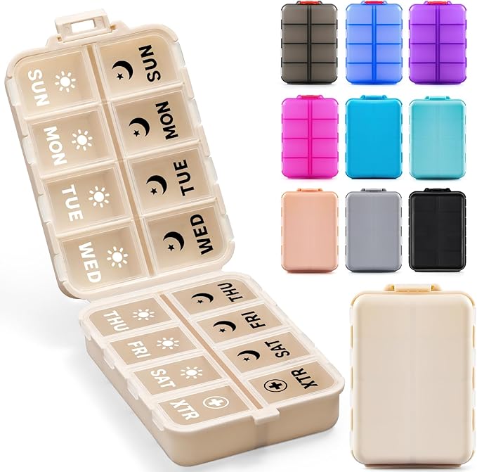 Foldable Weekly Pill Organizer 2 Times a Day with 2 Extra Compartments (Clear Printed Labels) - Portable 7 Day AM PM Medicine Box, Week Daily Travel Pill Case Holder for Vitamin, Supplement - Khaki