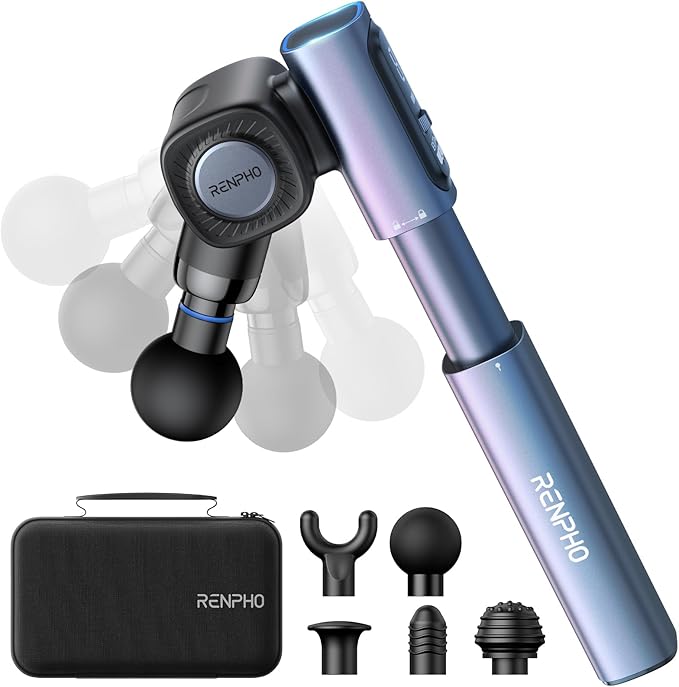 RENPHO Massage Gun with Adjustable Angles and Extension Handle, Handheld Back Massager, Percussion Muscle Massager Deep Tissue with Portable Carry Case for Men Women, Extend 2