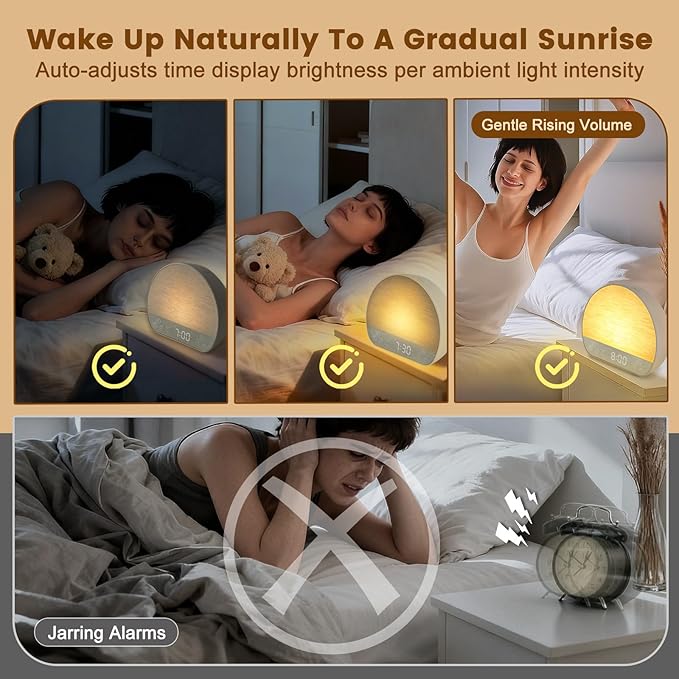 Sunrise Alarm Clock Wake Up Light for Heavy Sleeper, White Noise Sound Machine 37 Sounds, Bluetooth Speaker, Tap Snooze, Remote Control, USB Port, 15 Color Dimmable NightLight for Bedroom