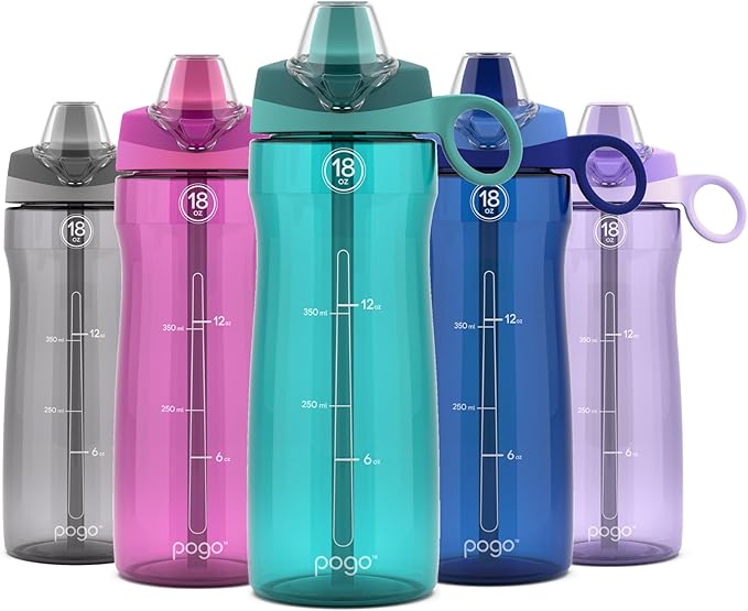 Pogo 18oz Plastic Water Bottle with Straw Lid with Carry Handle, Reusable, BPA Free, Dishwasher Safe, Perfect for Travel, School, Outdoors, and Gym