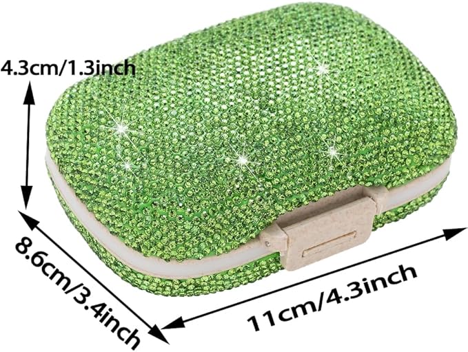 Daily 6 Compartments Pill Box Container Bling Diamond for Purse Medicine Container Holder for Women Travel Kit Medicine (Green)