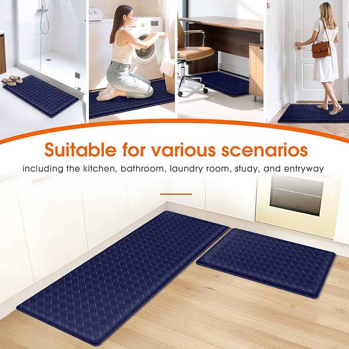 Kitchen Mats, 2PCS Kitchen Rugs, Cushioned Anti Fatigue Kitchen Mats for Floor, Non-Slip Standing Desk Mat, Waterproof Kitchen Rug Set for Kitchen, Floor, Office,17.3"×30"+17.3"×47",Blue