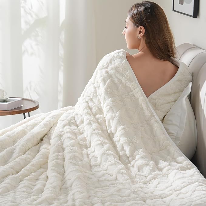 Drewin Weighted Blanket for Adults Queen Size 15 lbs, Soft Fuzzy Jacquard Sherpa Weighted Blankets for Sleeping, Cozy Sofa Bed Blanket for Winter, Cream White, 80 x 87 inches