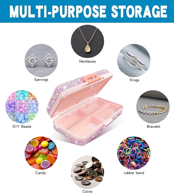 Yivaiks Bling Travel Pill Organizer Crystal Rhinestone 8 Compartments Portable Pill Case Daily Pill Box to Hold Vitamins Small Pill Container for Pocket Purse Medicine Organizer(Pink)