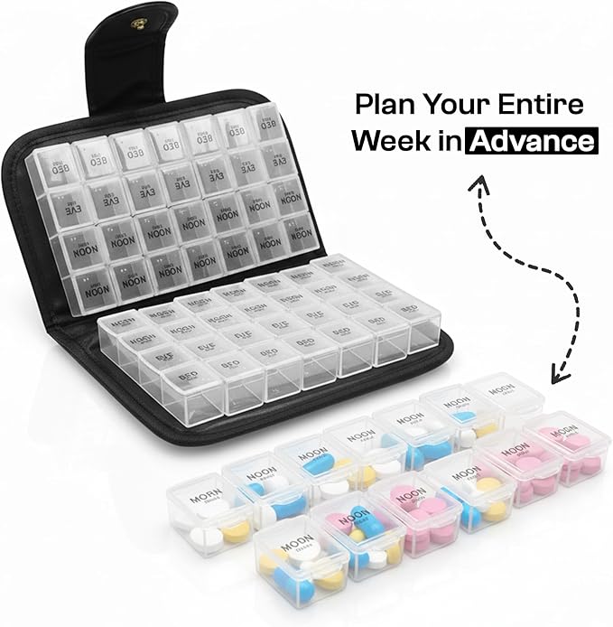 Week AM/PM Pill Organizer Box, Waterproof Travel Medicine Case, Portable Vitamin Holder, Compact Daily Pill Storage for Home, Office, and On-The-Go Use, Durable Med Organizer (Black)