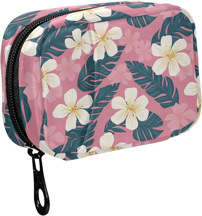 Fustylead Tropical White Hibiscus Floral and Palm Leaves Pill Organizer for Purse, Weekly Portable Pill Box with Zipper to Storage Vitamins Fish Oils Medications Supplements