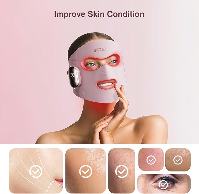 INTEO Red Light Therapy for Face 4 Modes, Breathable Red Light Therapy Mask with 4 Color Light Modes, 850NM Infrared LED Face Mask Light Therapy with Timer, Portable Led Mask for Home & Travel