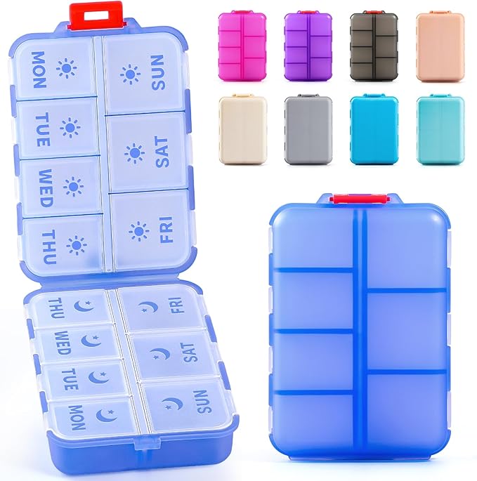 Foldable & Portable Weekly Pill Organizer 2 Times A Day with Etched Labels, Clear Blue + 3 Pack, 14 GRIDS Travel Pill Organizer Box
