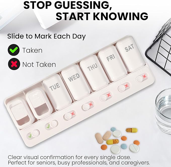 Weekly Pill Organizer with Taken/Untaken Tracker – Never Forget or Double-Dose Your Medication, Large Daily Compartments for Vitamins & Supplements, Vitamin, White