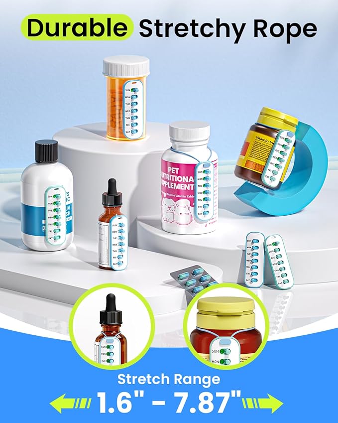 Odaro 2 Pack Pill Reminder, Lanyad or Sticker Pill Tracker, Work with Most Bottles, Reusable Medication Tracker Replacement of Vitamin Weekly (7 Day) Medicine Organizer