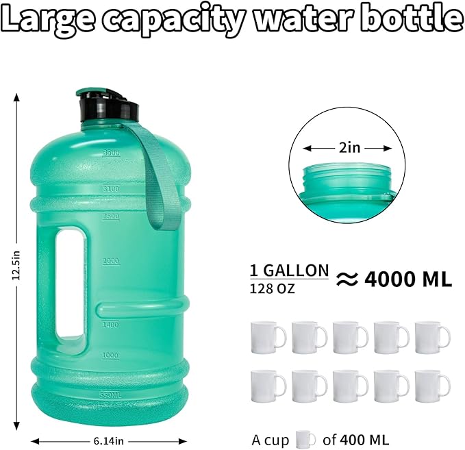 TOOFEEL 1 Gallon Water Bottle,Leakproof,Bpa Free,Dishwasher Safe,128 oz Large Water Jug wiht Handle,Travel & Camping & Sports & Gym Water Bottle For Men and Women - Transparent Mint Green