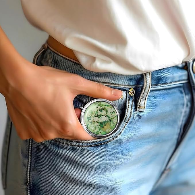 3-Compartment Pill Organizer with Mirror Retro Small Bronze Pill Case for Purse, Floral Design Travel Pill Box for Vitamins, Fish Oil, Supplements | Portable & Compact (Color E, Three Compartments)