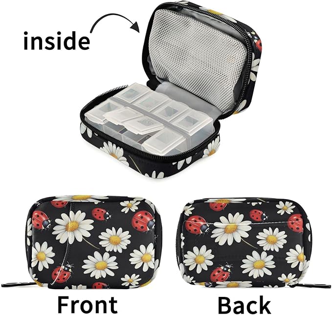 Fustylead Red Ladybugs and Daisy Floral Pill Organizer and Storage Weekly with Zipper, Removable Pill Box Portable Medicine Organizer for Vitamin Fish Oil Supplement