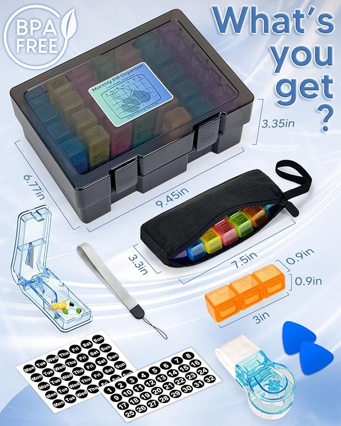 Monthly Pill Organizer 3 Times a Day – Yonlog Large Medicine Box with Weekly Travel Bag, Pill Cutter, Easy-Open Pick, Pill Taker Tool, and 2 Medication Stickers (Black, 3 Times a Day)