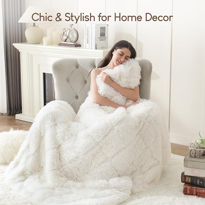 Cottonblue Fluffy Weighted Blanket 20lbs, Luxury Fuzzy Faux Fur Weighted Blanket Throw for Adults, Long Fur Shaggy Snugly Blanket Cosy Winter Blanket for Home Decor, 60"x80", Cream White