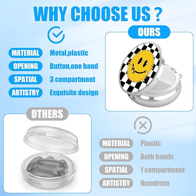 Smiley Face Pill Case, Black White Grid Pill Box 3 Compartments Metal Small Pill Holder with Mirror Mini Travel Pill Container for Purse Pocket Women Men