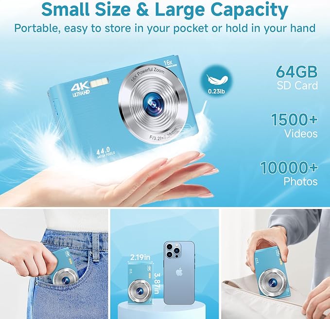 Digital Camera for Teens, FHD 4K 44MP with 64GB SD Card, 16X Digital Zoom, Compact Point Shoot Camera Blue