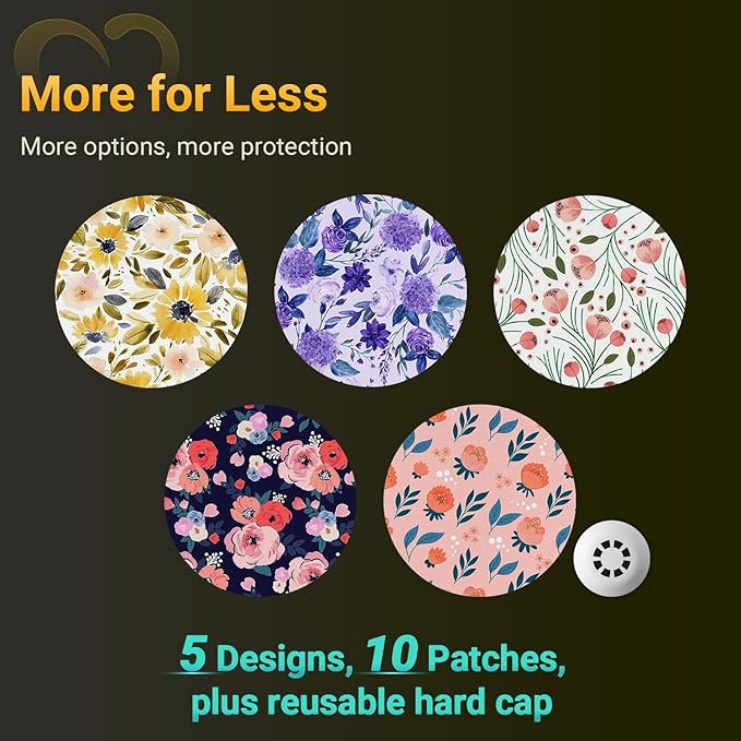 Flower Libre 3 Sensor Covers Waterproof, Amolyfe 10 Pack Freestyle Libre 3 Plus Covers, BumpProof with Hard Cap, Latex Free Breathable Medical CGM Adhesive Patches, 14-Day CGM Protection (P.Flower)