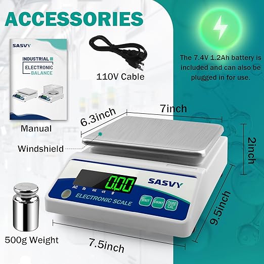 Lab Scale 3000g x 0.01g Scientific Scale g/oz/ct/lb High Precision Digital Electronic Analytical Balance for Jewelry Kitchen Laboratory School, Includes 500g Calibration Weight Battery