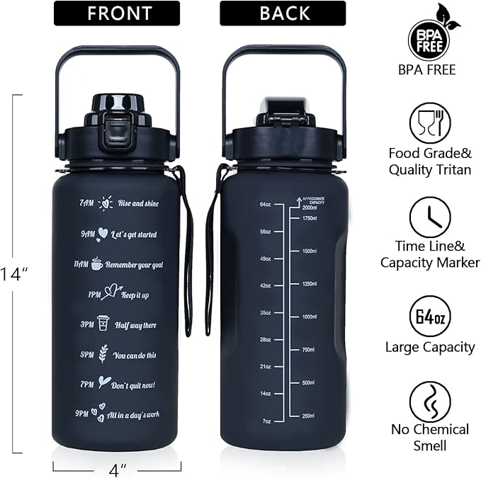 Leopards print Half Gallon Water Bottle with Sleeve - BPA Free Tropical Leaves Water Bottle 64 OZ - with Time Marker Leakproof Water Jug - Motivational Workout Water Bottle for Office Gym Outdoor Hiking Travel