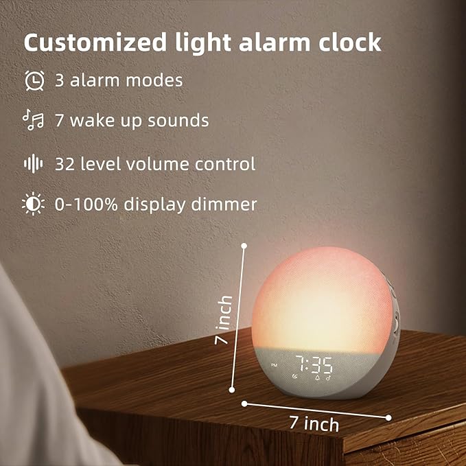 Sunrise Alarm Clock White Noise Machine: Natural Wake Up Light - Dimmable Clock with Bluetooth Speaker for Bedroom - 25 Sleep Sounds for Baby Adults Kids Cocoa