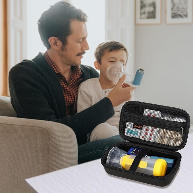 Canboc Travel Carrying Case for Asthma Inhaler, Handheld Spacer for Adults and Kids, Masks, Hard Inhaler Case with Mesh Pocket fit Medicine and Other Essentials, Black (CASE ONLY)
