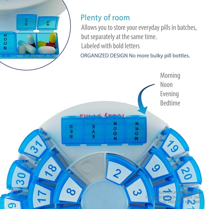 Deke Home - 31 Day Monthly Pill Organizer XL with Pill Cutter, BPA-Free, 4 Times a Day (AM PM), Large Pill Box for Multiple Daily Doses, Removable Compartments, Hard Case Travel Dispenser