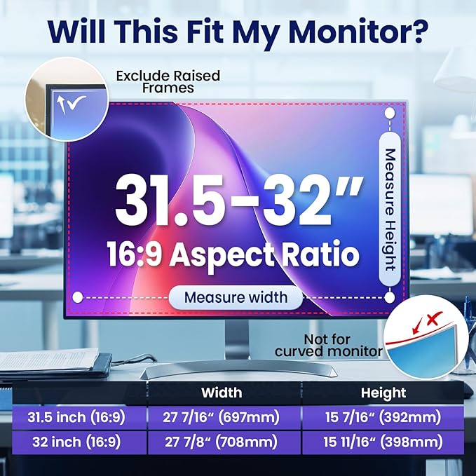 32 Inch Privacy Screen for Computer Monitor 16:9 Aspect Ratio,Magnetic Anti Glare Blue Light Hanging Private Protector Eye Care,32in Removable Anti Spy Filter Shield for Digital Workplaces