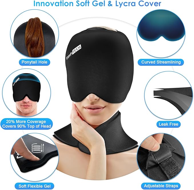 ComfiTECH Cold Cap and Neck Ice Pack Wrap Gel Combo, Care Package for Head and Cervical, Medium