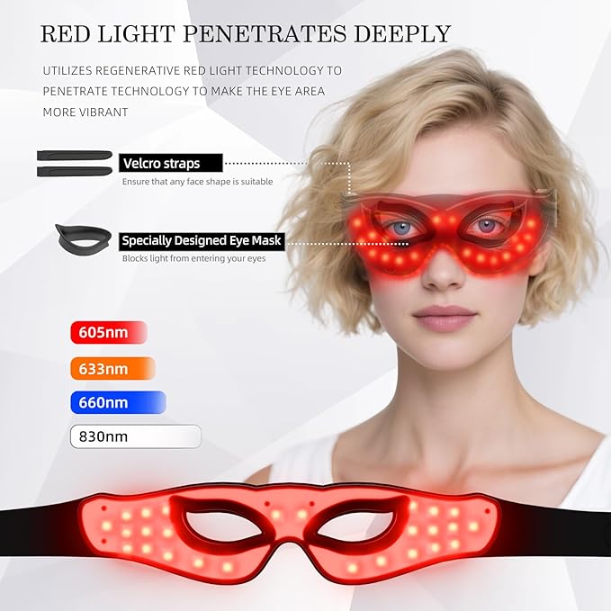 LED Eye Mask, Red Light Therapy for Eyes, Under Eye Red Light Therapy Device for Dark Circles, Puffy Eyes, Eye Bags & Fine Lines, Eye Care for Men and Women with Velcro Straps and Eye Protection