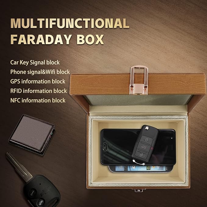 JXE JXO Faraday Box, 5.5x4.1x2.7 inches, RFID Signal Blocking Storage Box, Car Key Fob Protector, Modern Style, Imitation Wood, 1.3 lbs