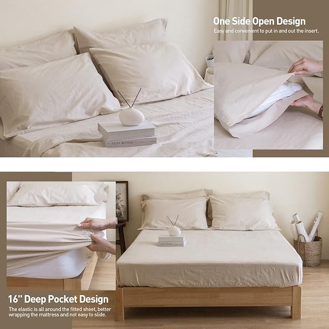 Simple&Opulence Belgian Linen Sheet Set Solid Color - 6 Pieces (1 Flat Sheet & 1 Fitted Sheet & 4 Pillowcases) 16" Deep Pocket Natural Flax Cotton Blended Soft Bedding - Linen, Queen Size