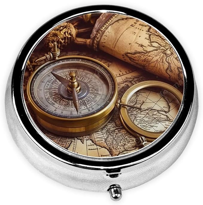 Compass and Old World Map Pill Box 3 Compartment Small Pill Case for Purse & Pocket Decorative Metal Medicine Case Travel Pillbox Round Pill Organizer Vitamin Container Unique Gift