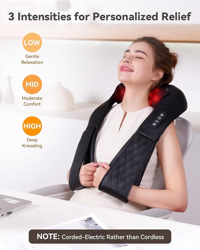 Shiatsu Neck and Back Massager, Corded Electric Neck Massager with Heat for Pain Relief Deep Tissue 4D Kneading Shoulder Massager Pillow for Whole Body Relaxation, Gifts for Mom Dad Friends