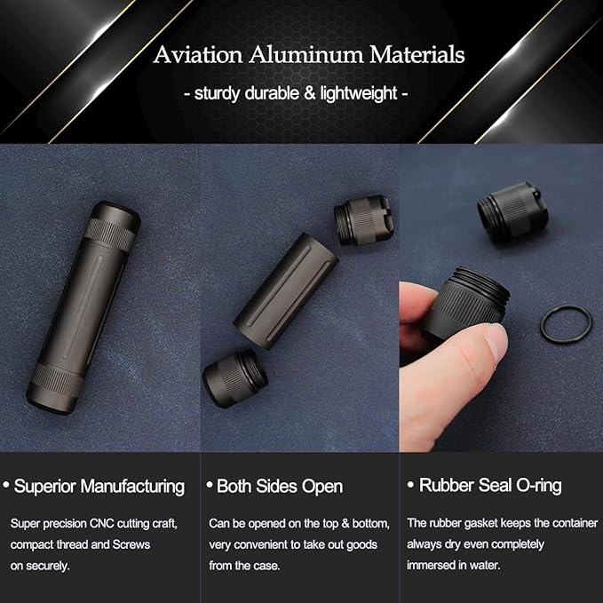 Aluminium Alloy Air-Tight EDC Accessory Case, Pill Fob Capsule Keychain, Long Waterproof Match Case Battery Holder, Smell Proof Container Sealed Jar, Outdoor Survival Storage Metal Container Dry Box