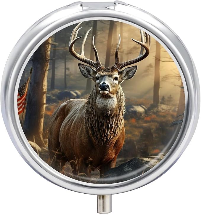 Deer Hunting Season Pill Box 3 Compartment Waterproof Pill Case with Mirror Round Container Metal Medicine Box Organizer Portable Vitamin Case for Pocket & Purse Travel