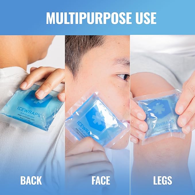 ICEWRAPS Mini Reusable Ice Packs, 3" x 3" Gel Packs, Hot & Cold Therapy for Injuries, Kids’ Boo Boos, Face, Wisdom Teeth, Mosquito Bite, Headaches & Fever, 6 Pack, Blue – FSA-HSA Eligible