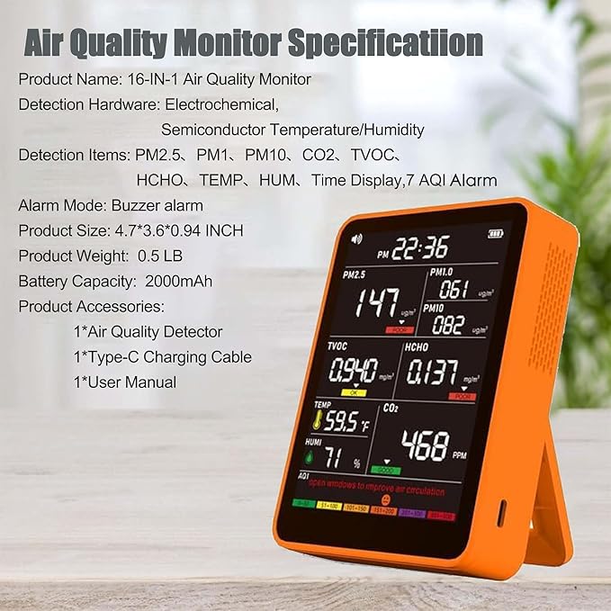 Professional Indoor Air Quality Monitor with AQI Alerts, Portable Real-Time Detector for Home, Car, Plants & Pet