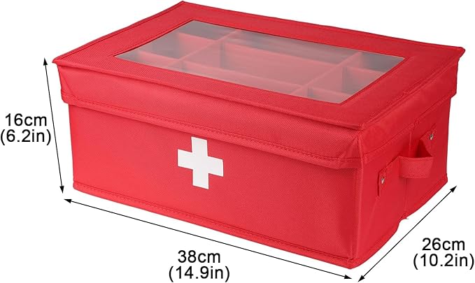 First Aid Kit, Linen First Aid Supplies Box, Pill Bottle Organizer, Empty Box with Lid for Home & Travel Emergency Tool Set - Red
