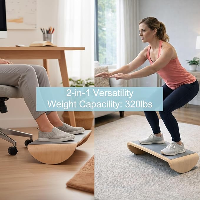 Wood Foot Rest Under Desk, Ergonomic Rocking Footrest with Whole Piece Curved Solid Wood Base,Balance Board Active Sitting Desk Footrest for Office & Home, No Assembly