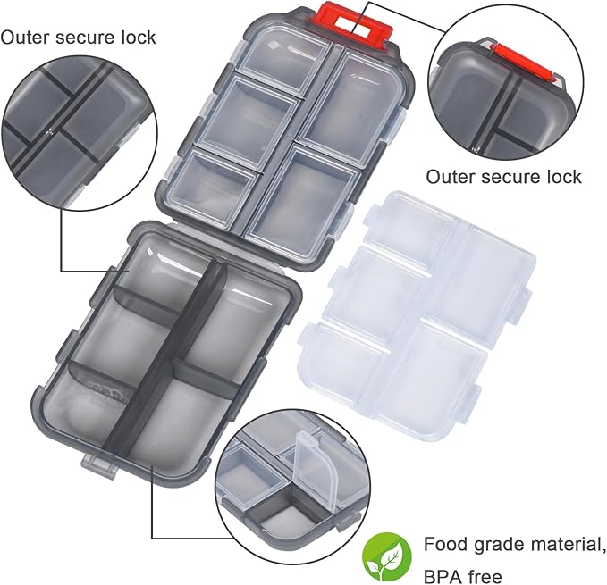 Travel Pill Organizer with 189 Medicine Labels, 10 Compartments Small Pill Case Compact and Portable Travel Pill Box for Airplane Car Purse Nurse Vacation Essentials (Gray, 1 Pack)
