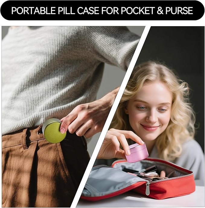 Small Daily Pill Box - Portable Waterproof Metal Pill Case for Pocket or Purse Aluminium Alloy Round Travel Pill Container Storage Container 2 Pieces (Pink Green)