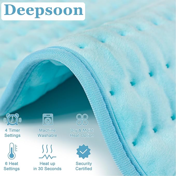 Deepsoon Heating Pad,Electric Heating Pads for Back,Neck,Abdomen,Moist Heating Pad for Shoulder,Knee,Arms,Legs,Dry/Moist Heat & Auto Shut Off,Christmas Gifts for Men and Women,Babyblue,33x17 Inch