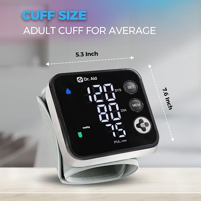 Dr. Aid Wrist Blood Pressure Monitor - Digital BP Machine with Adjustable Blood Pressure Cuff (13.5–19.5 cm), Large LED Display, Dual-User Memory (90 Each), WHO Indicator, Movement & Cuff-Fit Alerts