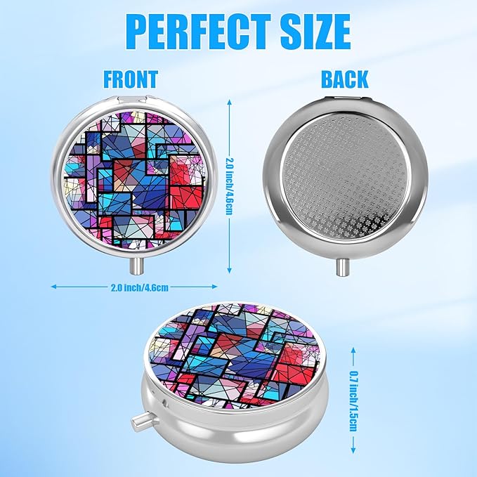 Pill Box, 3 Compartments Small Geometric Pill Case Travel Portable Metal Medicine Box with Mirror Mini Container for Purse Pocket Women Men(Purple Stained Glass)