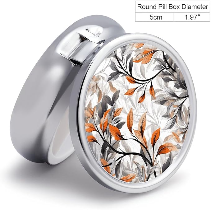 Orange and Gray Leaves Pill Box Travel Pill Case for Purse Pocket Weekly Medicine Organizer with Mirror 3 Compartment Round Medicine Case Portable PillcaseHolder for Daily
