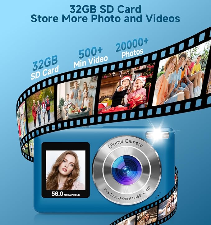 Digital Camera, 2026 Upgraded 56MP Dual Screens Camera for Selfies, 16X Zoom Travel Cameras with 32GB SD Card, Anti Shake Compact Vlogging Cameras for Boys Girls Kids Teens Adults