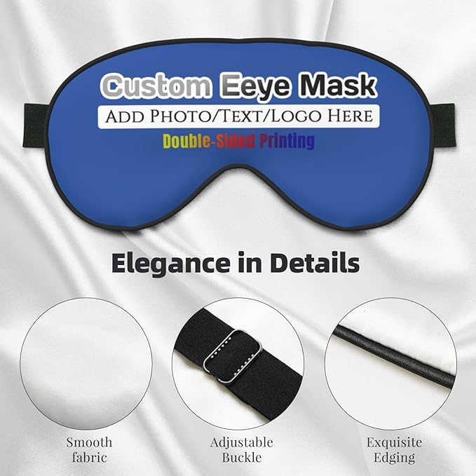 Custom Sleep Eye Mask Personalized Men Women Blindfold Design Your Own Photo Text Logo Adjustable Strap Soft Eyeshade Customized Blackout Eye Cover for Home Offices Travel Royal Blue